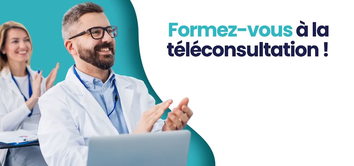 Médecin à lunettes applaudissant devant un ordinateur portable, une consœur applaudissant derrière lui, avec le texte « Formez-vous à la téléconsultation ! »