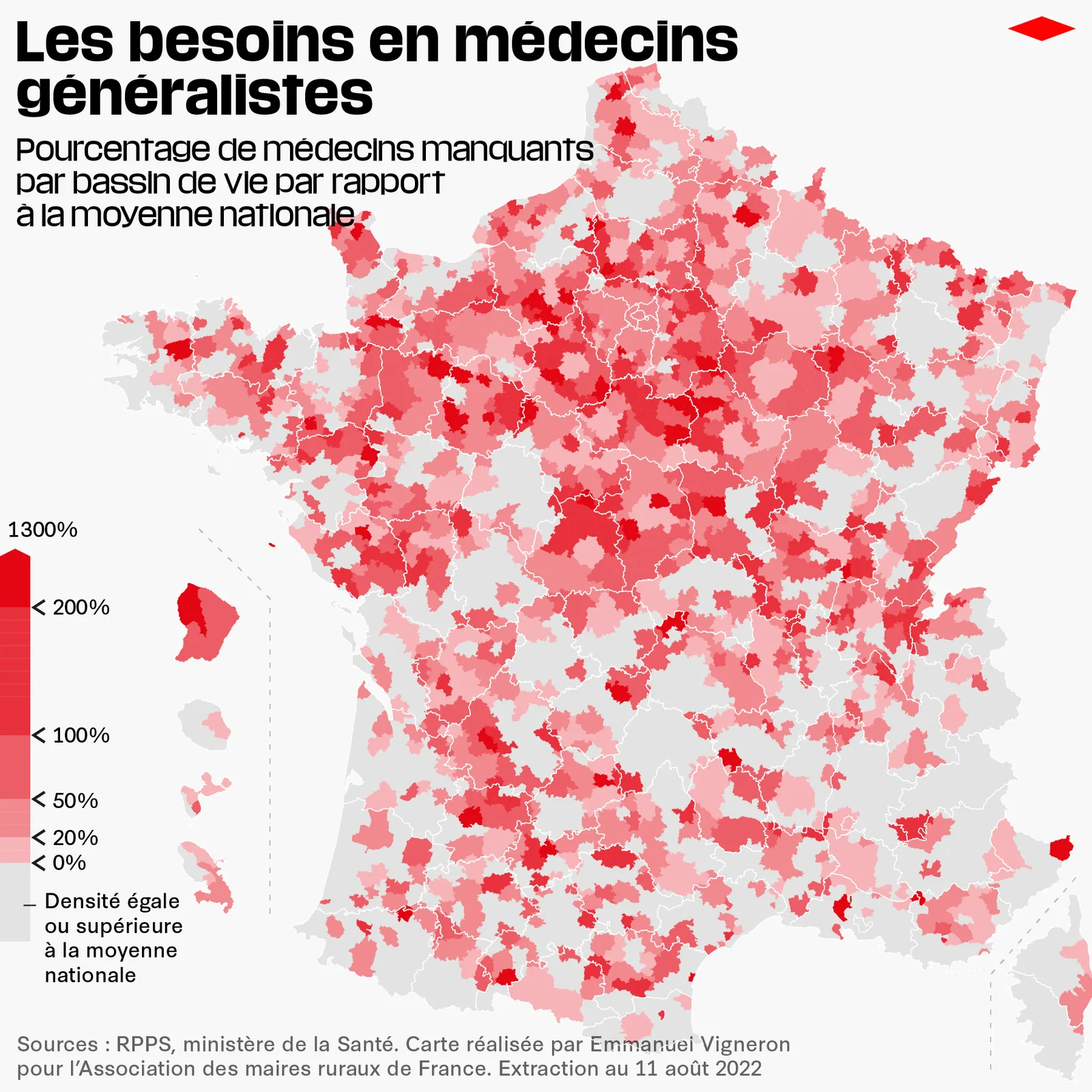 Carte de France des bassins de vie selon le pourcentage de médecins manquants