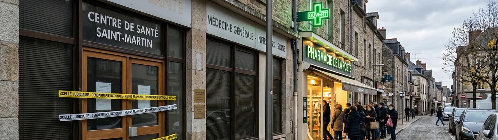Rue d'un centre de santé fermé, barré de rubalise, devant une pharmacie