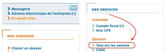 Capture de l'espace en ligne des impôts, rubrique taxe sur les salaires