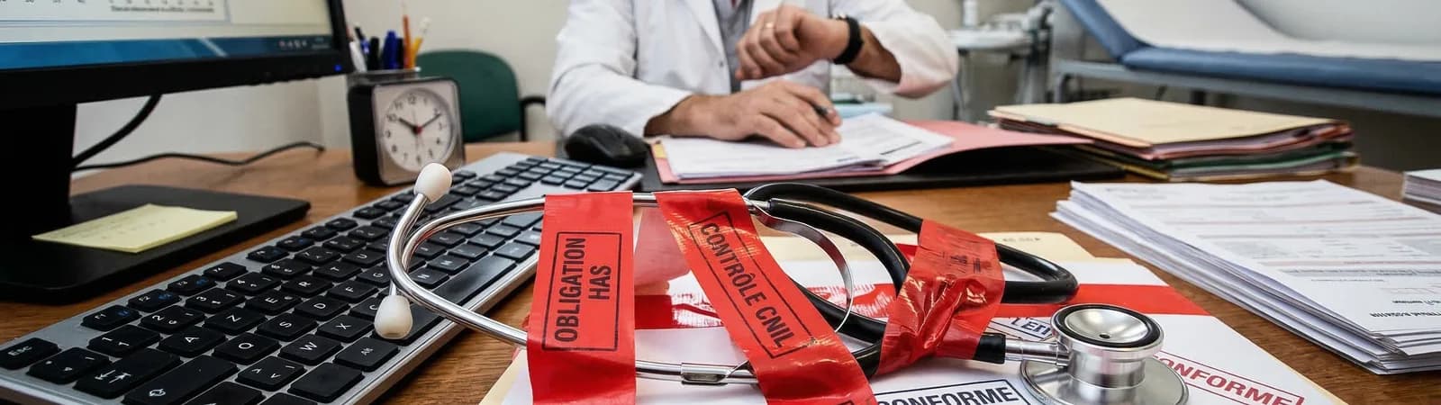 Bureau de médecin avec stéthoscope et banderoles de mobilisation « obligation de soin »