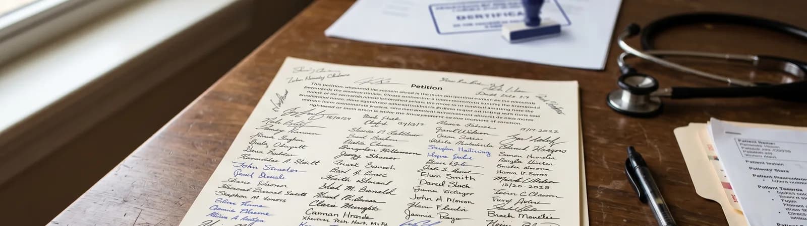 Document manuscrit ancien posé sur un bureau, avec stéthoscope et tampon