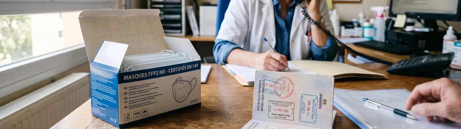 Médecin écrivant à son bureau, à côté d'une boîte de masques FFP2 certifiés