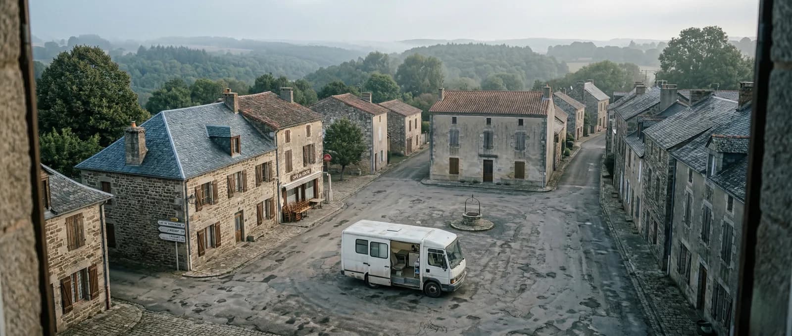 Village en pierre et place pavée dans la brume, avec un camping-car blanc