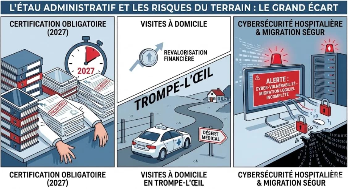 Infographie « L'étau administratif » : certification, visites à domicile et cybersécurité