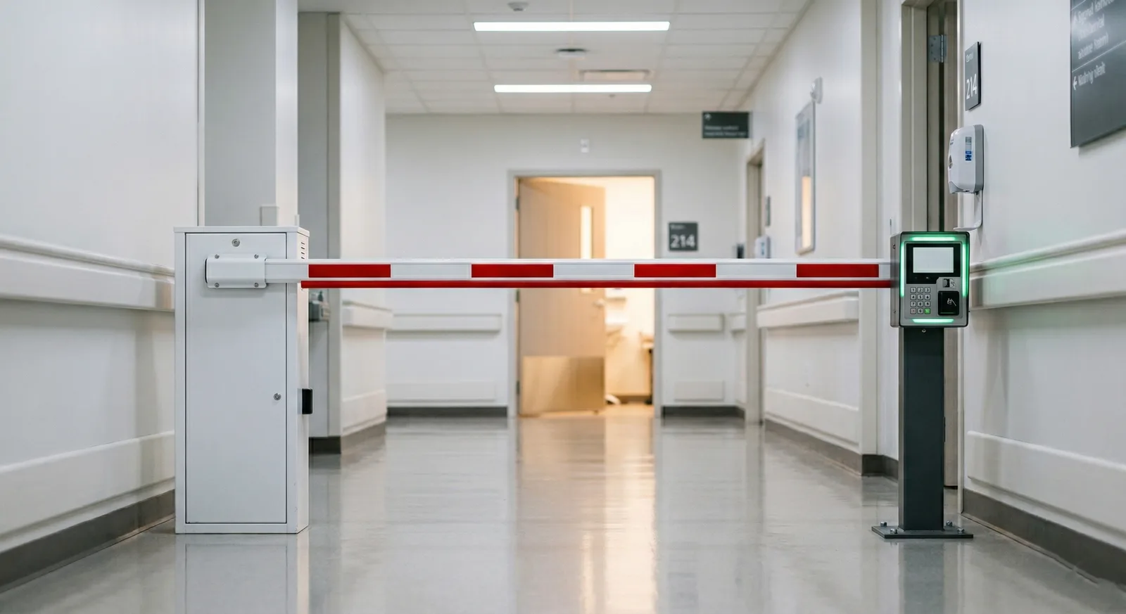 Barrière de contrôle rouge et blanche dans un couloir d'hôpital