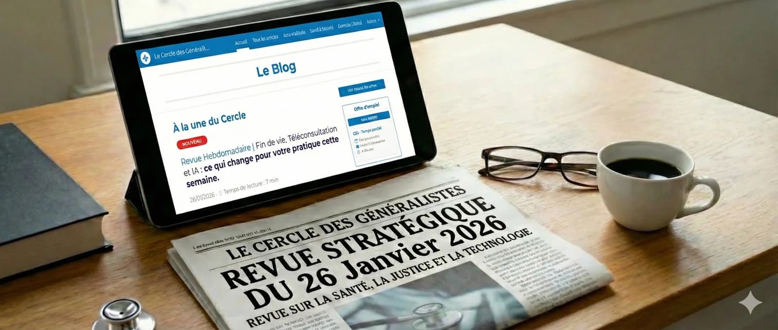 Tablette et journal « Revue stratégique » du 26 janvier 2026 posés sur un bureau