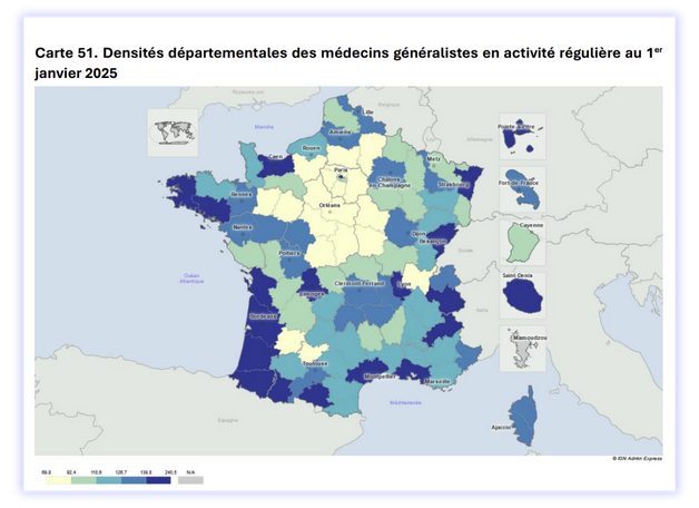 Carte de France coloriée par département (carte 51 de l'Atlas de la démographie médicale) montrant les fortes disparités de densité de médecins généralistes en activité régulière au 1er janvier 2025.